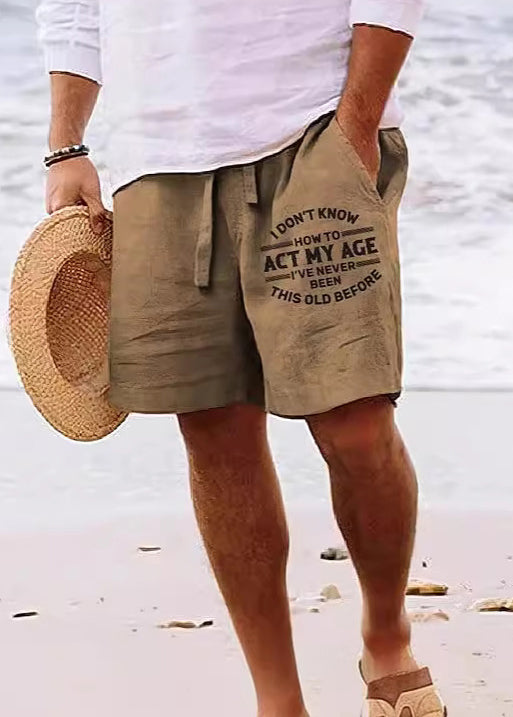 Beach Khaki Print Pockets Elastic Waist Cotton Men Shorts Summer