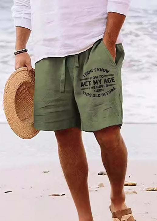 Beach Khaki Print Pockets Elastic Waist Cotton Men Shorts Summer