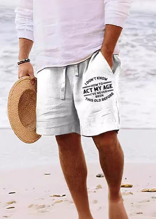 Beach Khaki Print Pockets Elastic Waist Cotton Men Shorts Summer
