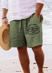 Beach Khaki Print Pockets Elastic Waist Cotton Men Shorts Summer