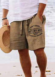 Beach Khaki Print Pockets Elastic Waist Cotton Men Shorts Summer
