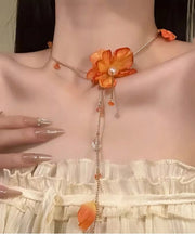 Beach Orange Alloy Floral Tassel Pendant Necklace