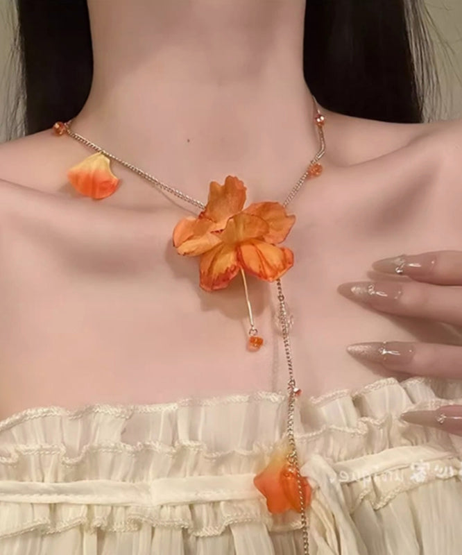 Beach Orange Alloy Floral Tassel Pendant Necklace
