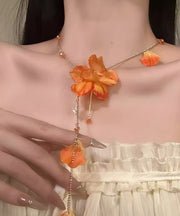 Beach Orange Alloy Floral Tassel Pendant Necklace