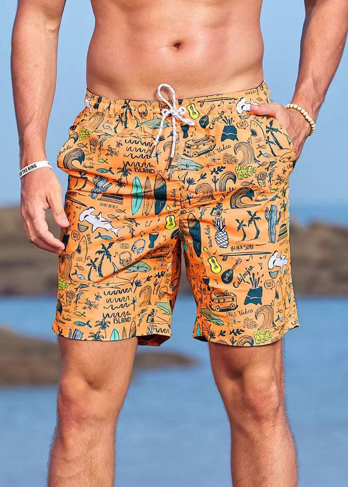 Beach Orange Print Elastic Waist Cotton Mens Shorts Summer