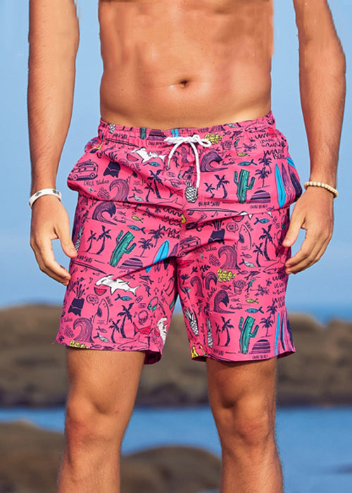 Beach Orange Print Elastic Waist Cotton Mens Shorts Summer