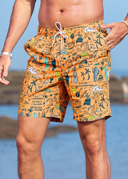Beach Orange Print Elastic Waist Cotton Mens Shorts Summer