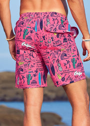 Beach Orange Print Elastic Waist Cotton Mens Shorts Summer