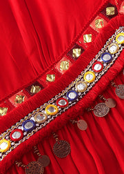 Beach Red V Neck Tasseled Sequins Patchwork Chiffon Exra Large Hem Dresses Fall