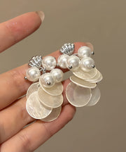 Beach White Copper Pearl Shell Tassel Drop Earrings