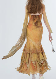 Beach Yellow Patchwork Maxi Spaghetti Strap Dresses Sleeveless