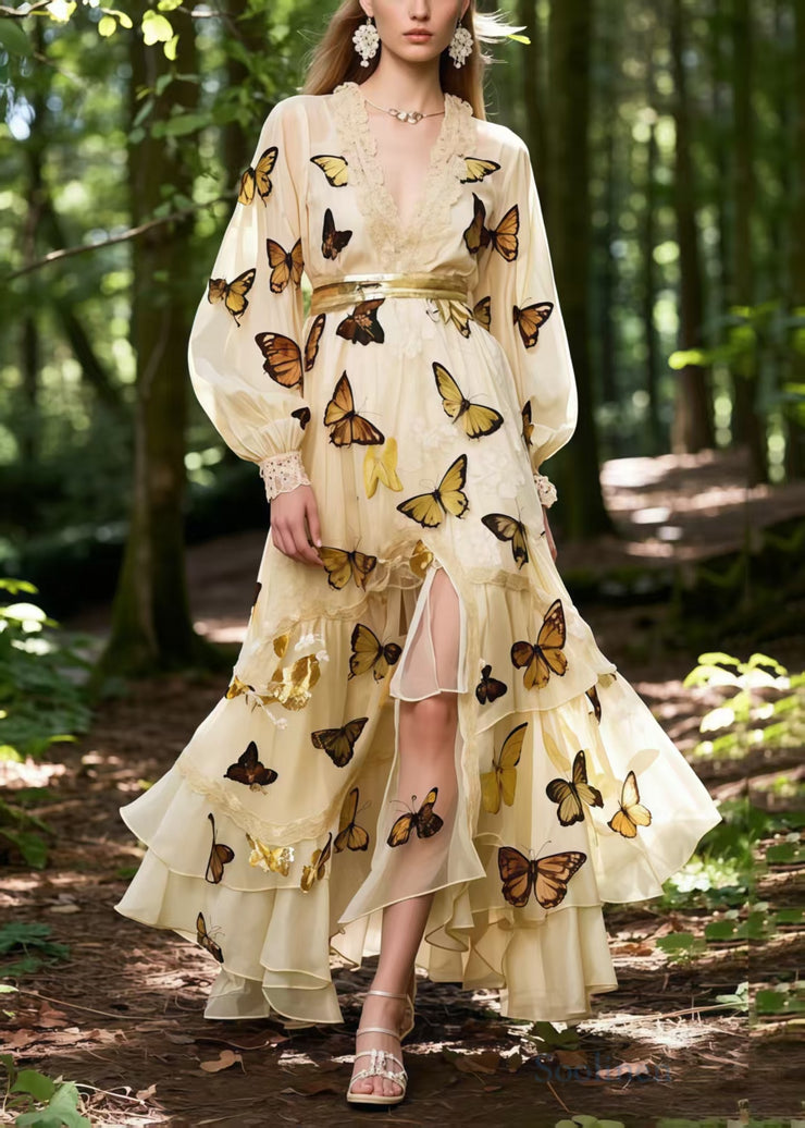 Beautiful Apricot Butterfly Print Exra Large Hem Chiffon Party Dress Spring