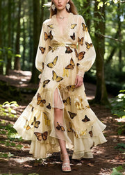 Beautiful Apricot Butterfly Print Exra Large Hem Chiffon Party Dress Spring