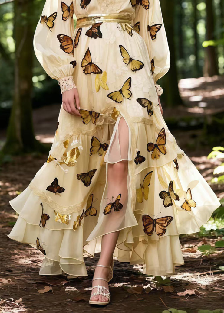 Beautiful Apricot Butterfly Print Exra Large Hem Chiffon Party Dress Spring