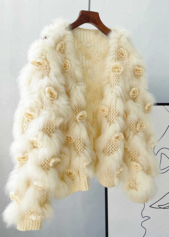 Beautiful Apricot Floral Mink Hair Knitted Coats Lantern Sleeve