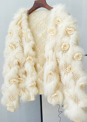 Beautiful Apricot Floral Mink Hair Knitted Coats Lantern Sleeve