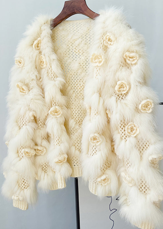Beautiful Apricot Floral Mink Hair Knitted Coats Lantern Sleeve