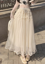 Beautiful Beige Floral Elastic Waist Tulle Skirt Summer