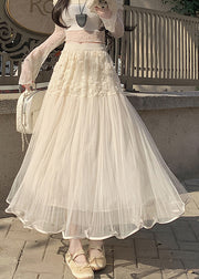 Beautiful Beige Floral Elastic Waist Tulle Skirt Summer