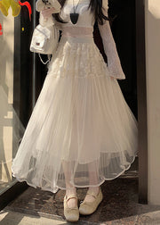 Beautiful Beige Floral Elastic Waist Tulle Skirt Summer