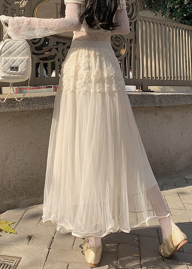 Beautiful Beige Floral Elastic Waist Tulle Skirt Summer