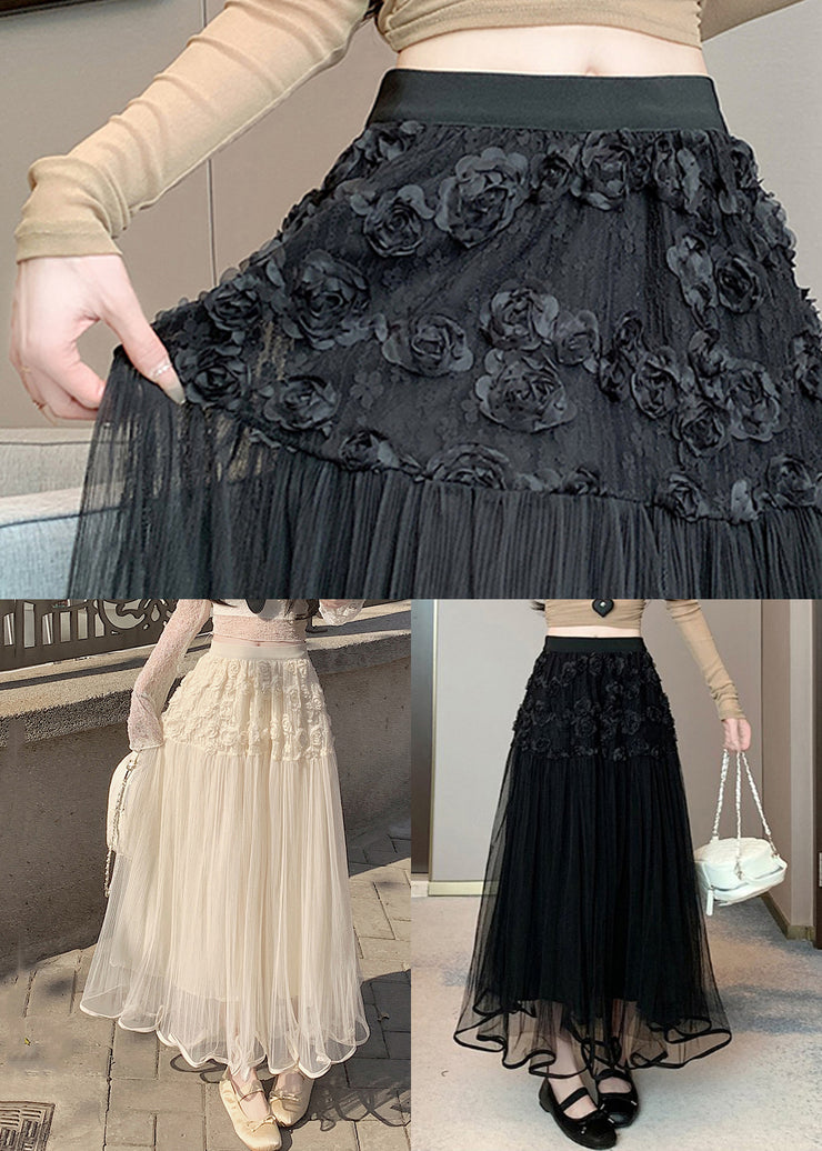 Beautiful Beige Floral Elastic Waist Tulle Skirt Summer