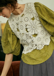 Beautiful Beige O-Neck Hollow Out Hook Flower Cotton Vest Sleeveless