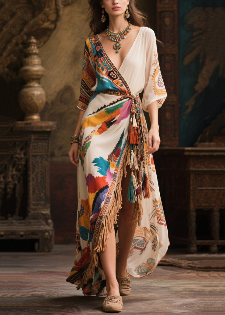 Beautiful Beige Tasseled Side Open Chiffon Holiday Dress Summer