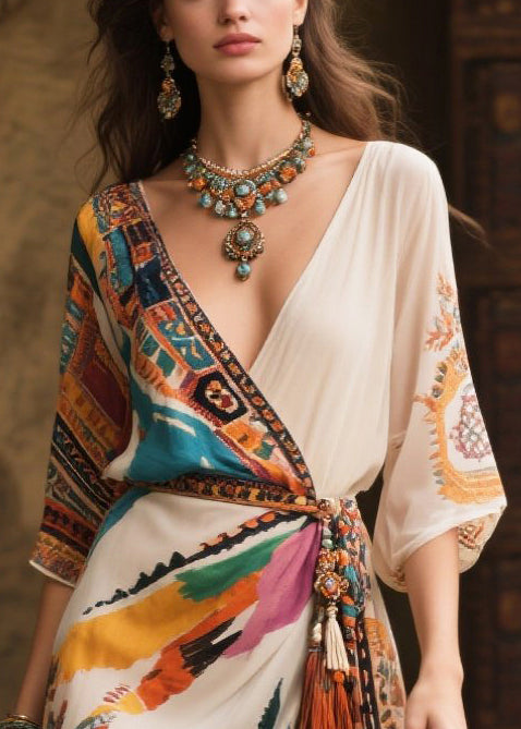 Beautiful Beige Tasseled Side Open Chiffon Holiday Dress Summer