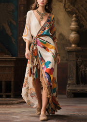 Beautiful Beige Tasseled Side Open Chiffon Holiday Dress Summer