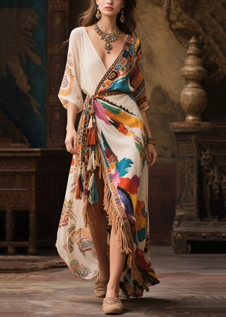 Beautiful Beige Tasseled Side Open Chiffon Holiday Dress Summer