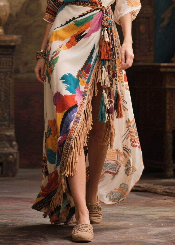 Beautiful Beige Tasseled Side Open Chiffon Holiday Dress Summer