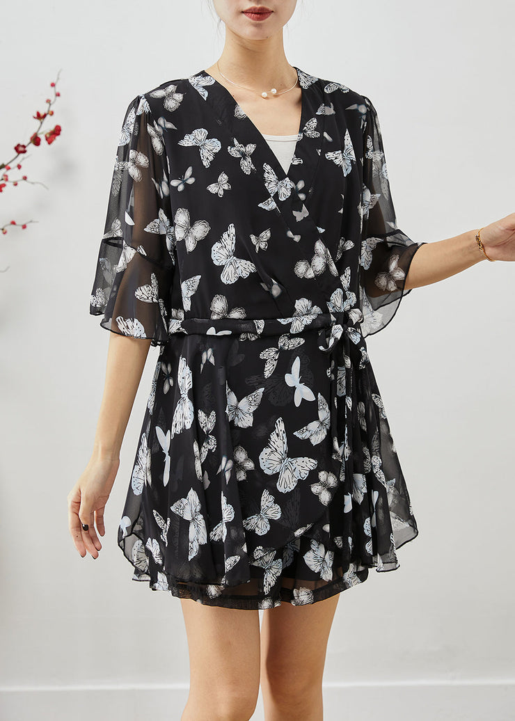 Beautiful Black Butterfly Drawstring Chiffon Two Pieces Set Summer