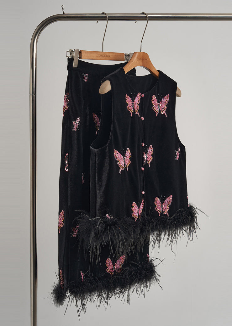 Beautiful Black Butterfly Patchwork Feather Silk Velvet Two Piece Set Women Clothing Fall