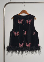 Beautiful Black Butterfly Patchwork Feather Silk Velvet Two Piece Set Women Clothing Fall