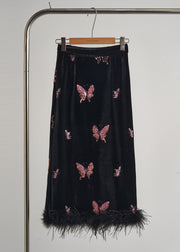 Beautiful Black Butterfly Patchwork Feather Silk Velvet Two Piece Set Women Clothing Fall