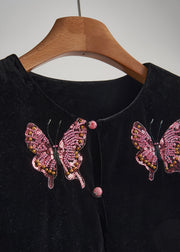 Beautiful Black Butterfly Patchwork Feather Silk Velvet Two Piece Set Women Clothing Fall