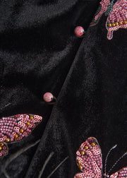 Beautiful Black Butterfly Patchwork Feather Silk Velvet Two Piece Set Women Clothing Fall
