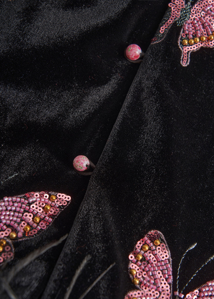 Beautiful Black Butterfly Patchwork Feather Silk Velvet Two Piece Set Women Clothing Fall