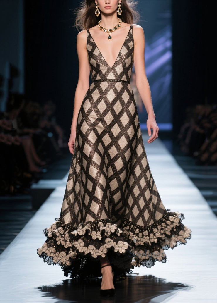 Beautiful Black Deep-V Neck Plaid Silk Evening Dress Summer