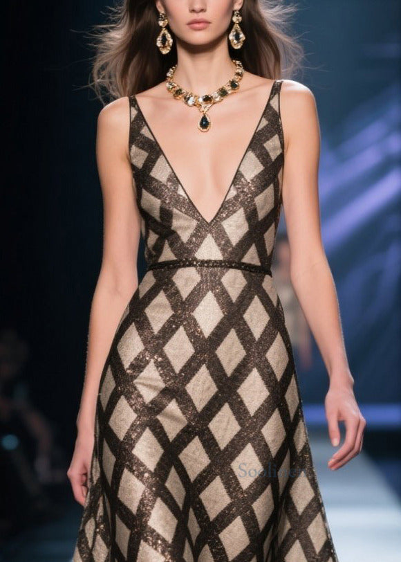 Beautiful Black Deep-V Neck Plaid Silk Evening Dress Summer