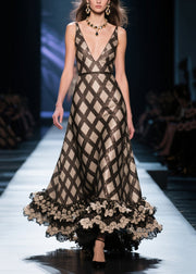 Beautiful Black Deep-V Neck Plaid Silk Evening Dress Summer