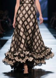 Beautiful Black Deep-V Neck Plaid Silk Evening Dress Summer