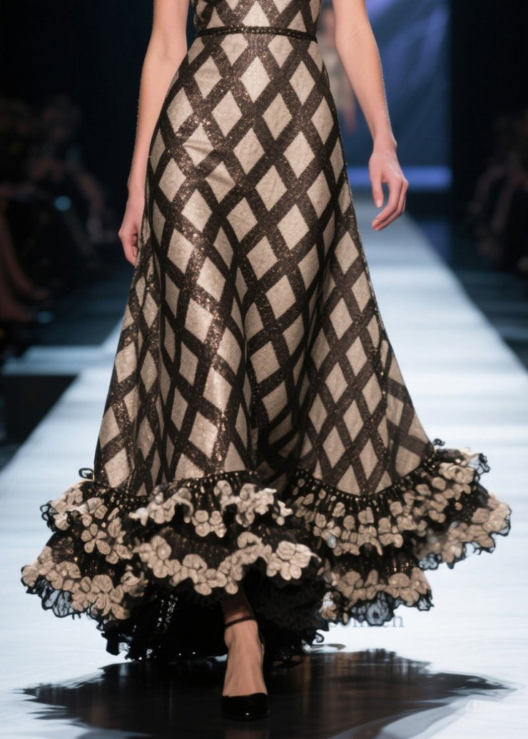 Beautiful Black Deep-V Neck Plaid Silk Evening Dress Summer