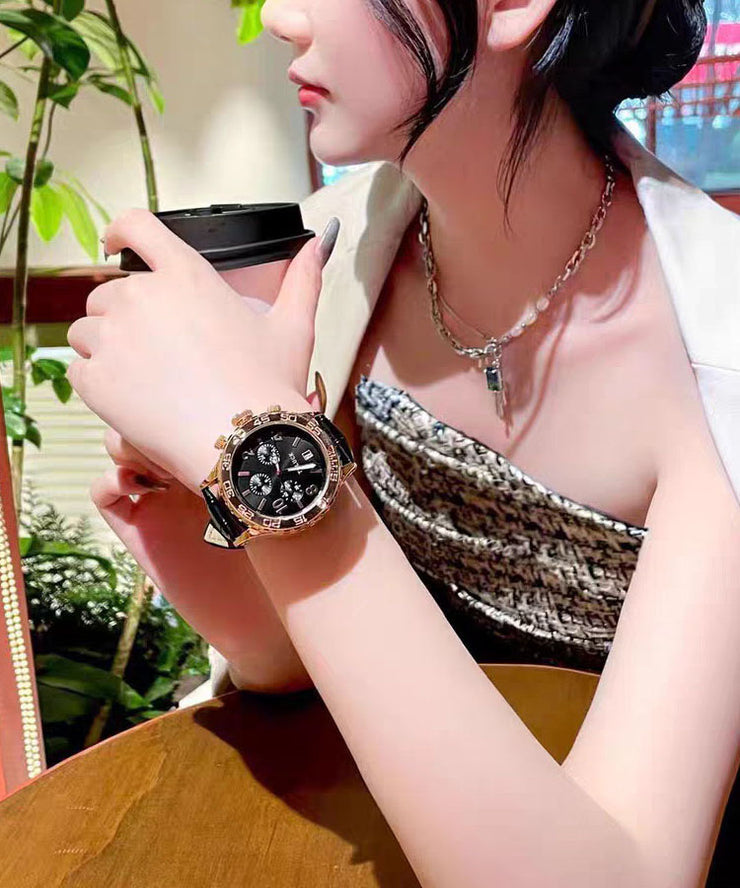 Beautiful Black Leather Alloy Reinforced Glass Waterproof Watches