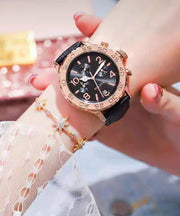 Beautiful Black Leather Alloy Reinforced Glass Waterproof Watches
