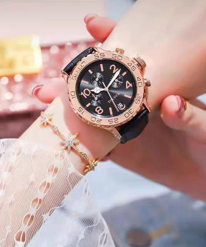 Beautiful Black Leather Alloy Reinforced Glass Waterproof Watches
