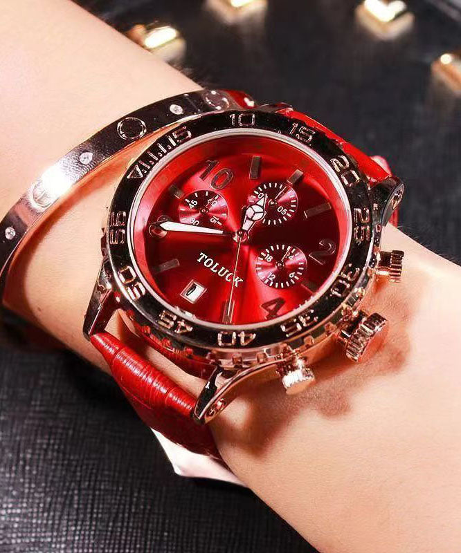 Beautiful Black Leather Alloy Reinforced Glass Waterproof Watches