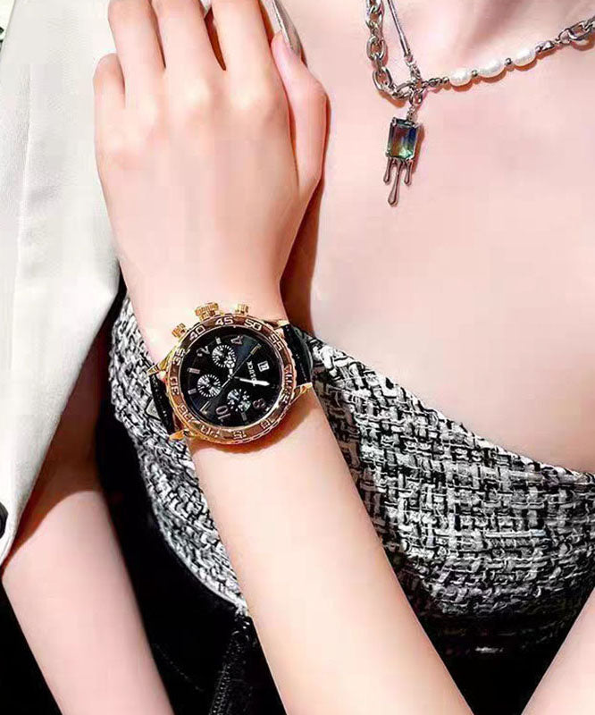 Beautiful Black Leather Alloy Reinforced Glass Waterproof Watches
