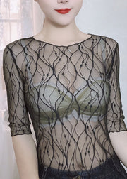 Beautiful Black O Neck Hollow Out Tulle Top Summer